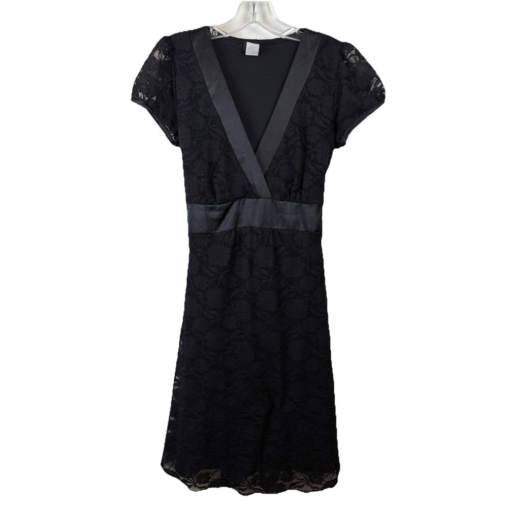 Vtg Vanity Midi Dress Juniors Lg Y2k Black Lace Floral Empire Waist Bow 90s Goth